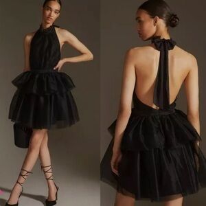 Anthropologie (Hutch) Tulle Black Halter Open Back Mini Dress Ballerina Size 8